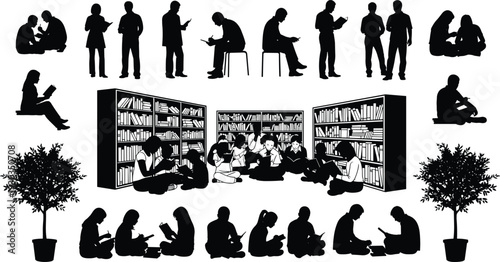 Silhouettes of people reading, studying, and sitting in a library with bookshelves, representing education, literacy, student life, and academic research.