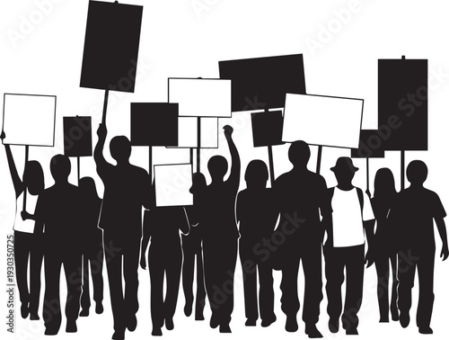 Protest silhouette illustration of diverse crowd holding blank signs for demonstration vector