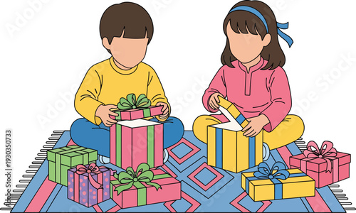 Two children opening eid gifts on patterned rug, young boy in yellow and girl in pink excitedly unboxing holiday presents