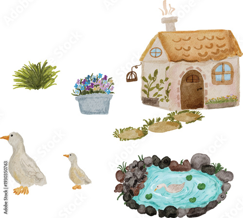 Watercolor garden house backyard with pond, duck, flowers, stepstone and grass 