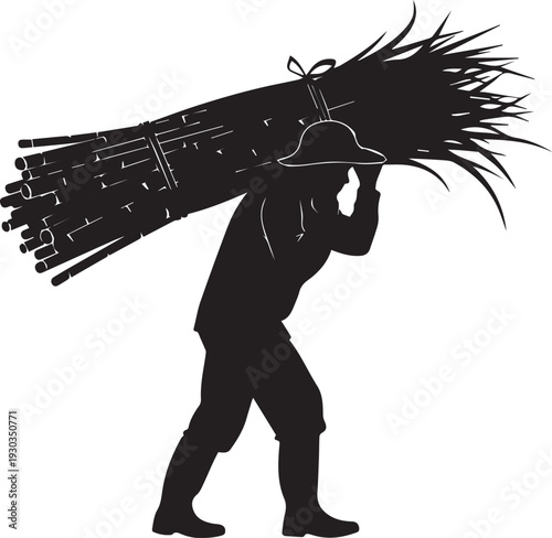 Sugarcane harvester silhouette vector illustration carrying heavy bundle of crops on back