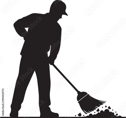 Street sweeper cleaning ground with broom vector silhouette illustration, municipal service