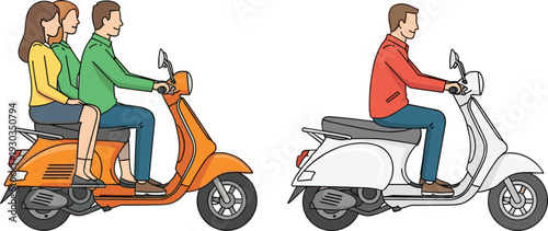 Vector illustration of scooters with riders, contrasting overloaded orange scooter carrying three passengers and white scooter with single rider, symbolizing transport safety.