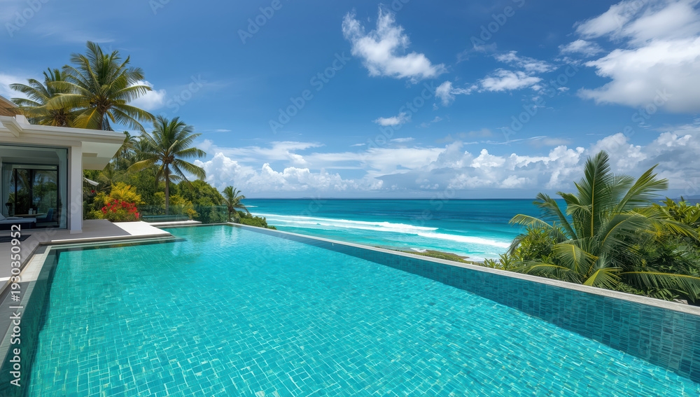 Fototapeta premium Luxury modern villa infinity pool overlooking turquoise ocean and palm trees, serene tropical
