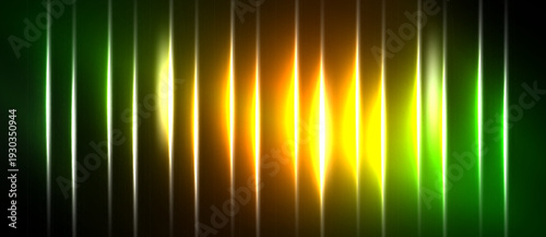 Bright neon lines create abstract soundwave pattern. Vivid green, yellow, orange hues dominate dark background. Dynamic visual effect.