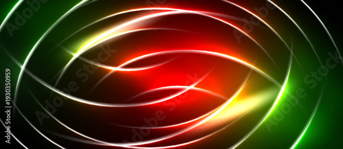 Bright neon lines form swirling circular patterns. Red, green, yellow hues dominate black background. Dynamic energy radiates from center.