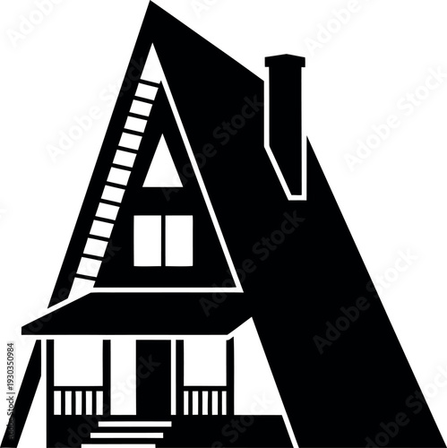 A stark black and white illustration of a simple house with a steep roof