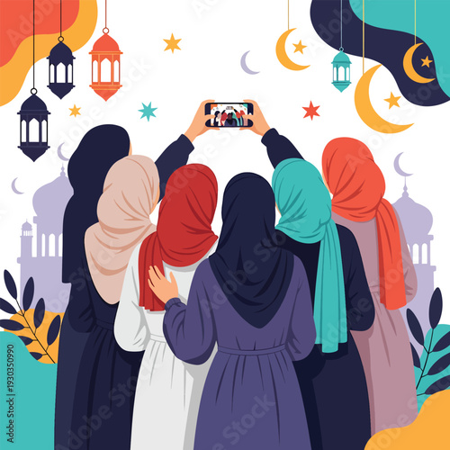 Back view of muslim women taking selfie with smartphone, celebrating eid al-fitr in modest attire and hijabs