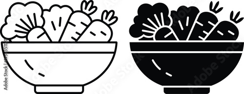 Vector illustration of vegetable bowl with carrots, broccoli, leafy greens, outline and silhouette design, healthy food artwork, nutrition wellness concept.