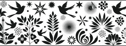 Intricate black folk art border vector featuring whimsical birds, floral blossoms, botanical leaves, and celestial stars on a white background for elegant horizontal decorative design.