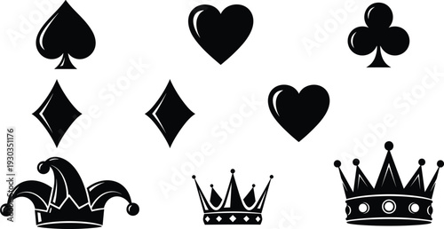 Black vector playing card suit symbols with royal crowns and jester hat isolated on white background for casino gambling poker and luxury game design
