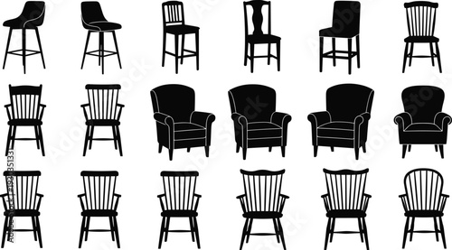 Large collection of diverse furniture silhouettes including bar stools armchairs and wooden dining chairs for interior design home decor architectural staging and furniture catalog projects