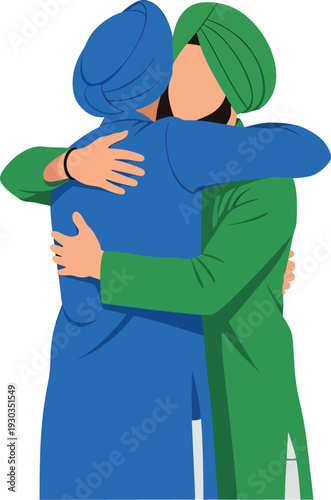 Two men wearing turbans and traditional attire embracing, symbolizing deep friendship and cultural harmony, representing togetherness and warm greetings