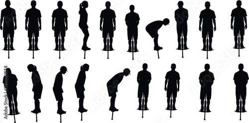 Large collection of diverse person silhouettes jumping on pogo sticks in various active poses for outdoor fun fitness competition and recreational sports design projects