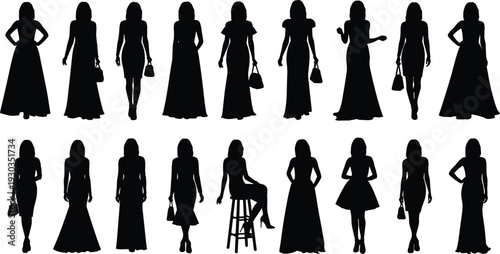 Large collection of elegant fashion model silhouettes in long evening gowns and stylish dresses for luxury branding beauty industry and female apparel design projects