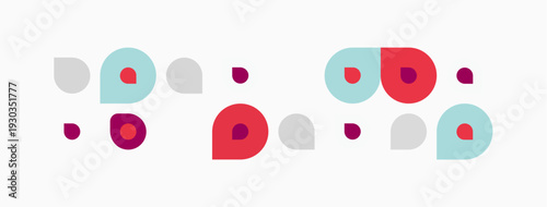 Abstract colorful dots arranged horizontally. Simple shapes, pink, red, teal, gray hues present. Minimalist design, clean background.