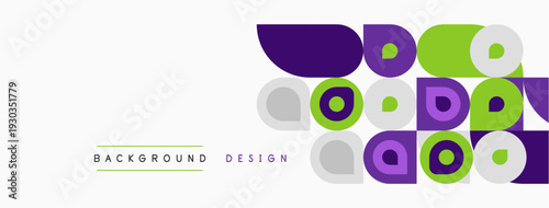 Abstract geometric shapes, purple, green, gray. Minimalist design, clean lines, modern aesthetic. Background elements create visual interest.