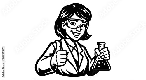 Female Scientist Holding Flask and Giving Thumbs Up.