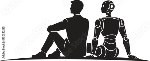 Human and Robot Sitting Together – Artificial Intelligence Partnership Future Technology Concept Vector