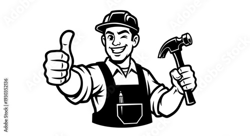 Handyman giving thumbs up with hammer.