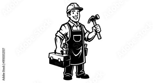 Handyman holding hammer and toolbox standing.