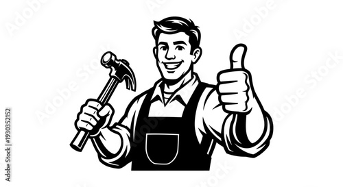 Handyman Holding Hammer and Giving Thumbs Up.