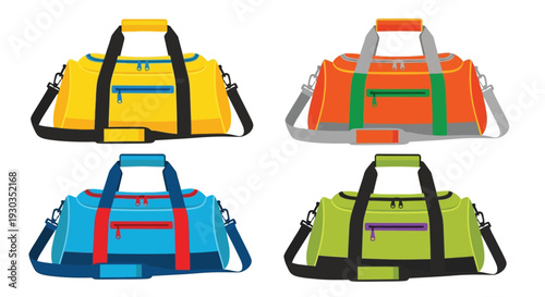 Four colorful duffel bags arranged in a grid on a white background