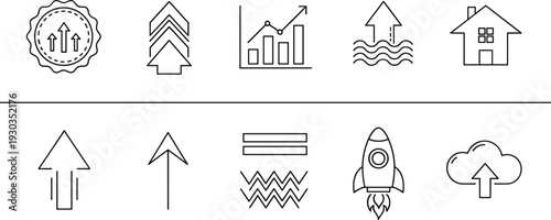 Upward growth icons set, business success symbols, arrows charts rockets clouds, progress development concept, minimal line vector illustration pack