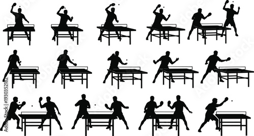 Large collection of table tennis player silhouettes in various action poses including serving smashing and rallying for sports competition ping pong tournament and coaching designs