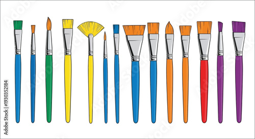 A colorful collection of various artist paintbrushes arranged in a row