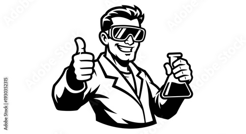 Scientist with Goggles Holding Beaker and Thumbs Up.