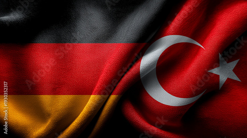 german and turkish flag waving together. relations between germany and turkiye turkey