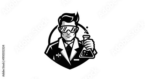 Scientist wearing lab goggles and holding flask.