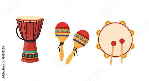 Colorful musical instruments a djembe maracas and tambourine illustration