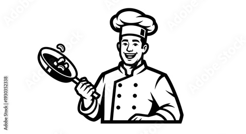 Smiling Chef Holding Frying Pan Illustration.