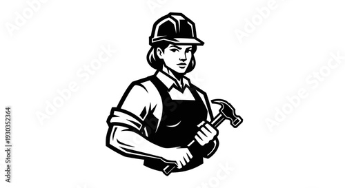 Woman Construction Worker Holding Hammer.