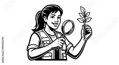 Woman Examining Plant with Magnifying Glass.