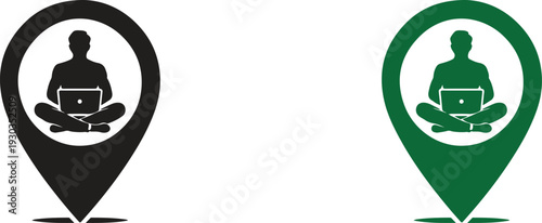 Remote Work Location Pin Icon with Meditation Pose – Work From Anywhere Concept Minimal Vector