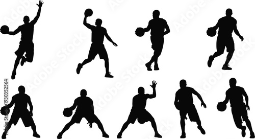 Large vector collection of basketball player silhouettes in various action poses including dribbling jumping and shooting for sports team branding competition and athletic training projects