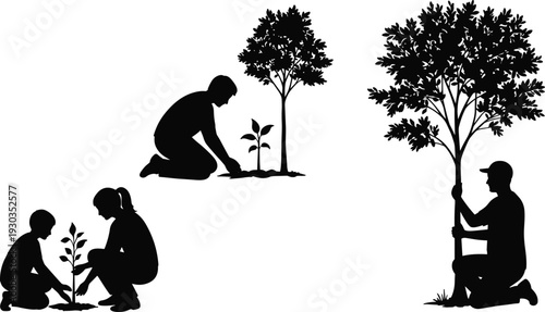 Silhouette of people planting young trees, teamwork in nature, environmental care, community gardening, reforestation effort, sustainable growth, green earth protection, outdoor planting activity