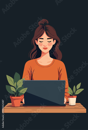Donna che usa un laptop in ufficio casa al bar  vettoriale