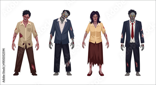 Four cartoon zombies in business attire stand against a white background