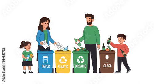 Family sorting recycling into labeled bins for paper plastic organic and glass