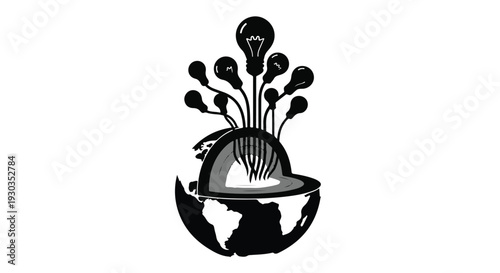Creative ideas blooming from a lightbulb erupting from a hard hat on a globe.