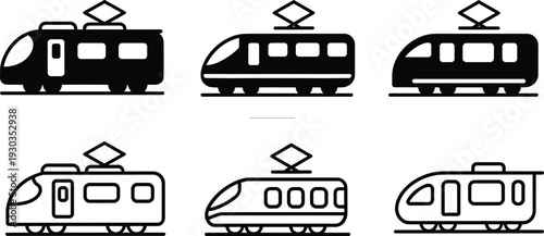 Vector illustration set of electric train and tram icons, solid silhouette and outline styles, modern transportation pictogram collection for signage graphics