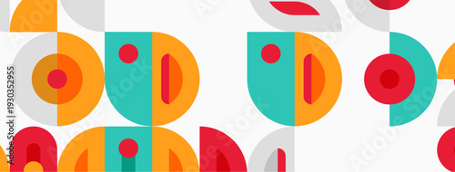 Geometric shapes repeat. Circles, semicircles, vibrant colors create playful pattern. Modern design, simple forms dominate composition.