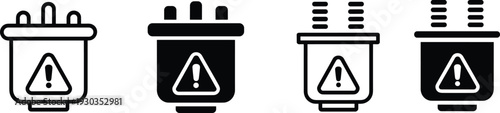 Vector illustration set of electrical plug hazard icons with warning signs, safety symbols for electricity danger, caution graphics for signage and awareness
