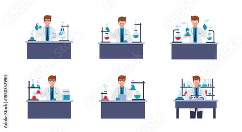 Scientist conducting experiments in a laboratory illustrated in a repeating pattern