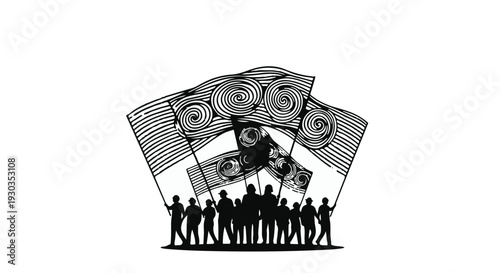 Silhouettes of people holding flags, symbolizing unity and celebration
