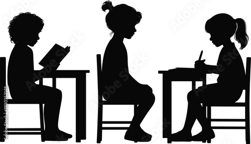 Silhouette of three children sitting at desks reading and writing, education concept, back to school, classroom activity illustration, study and learning.